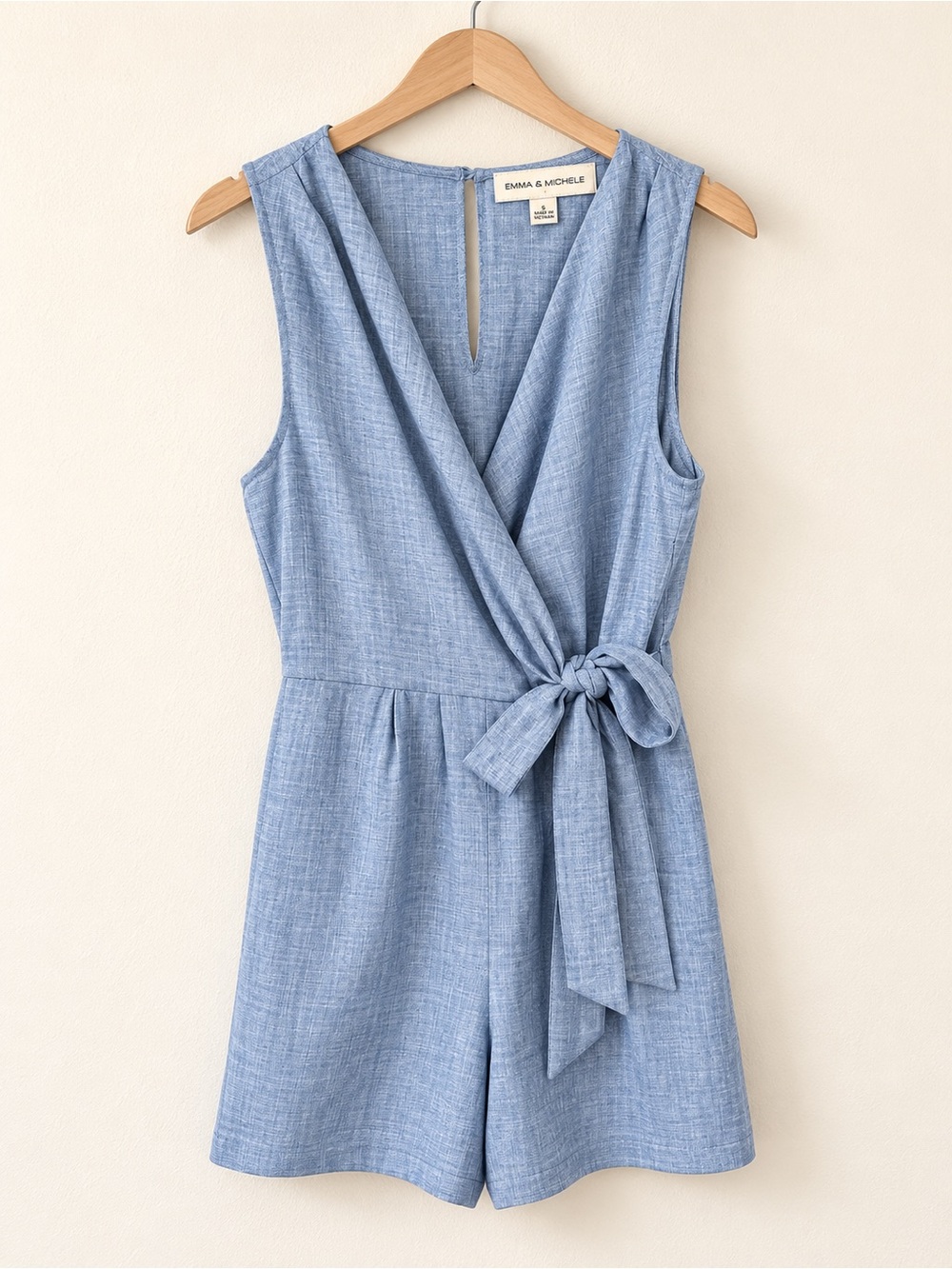Emma & Michele Chambray Blue Sleeveless Wrap Romper with Side Tie